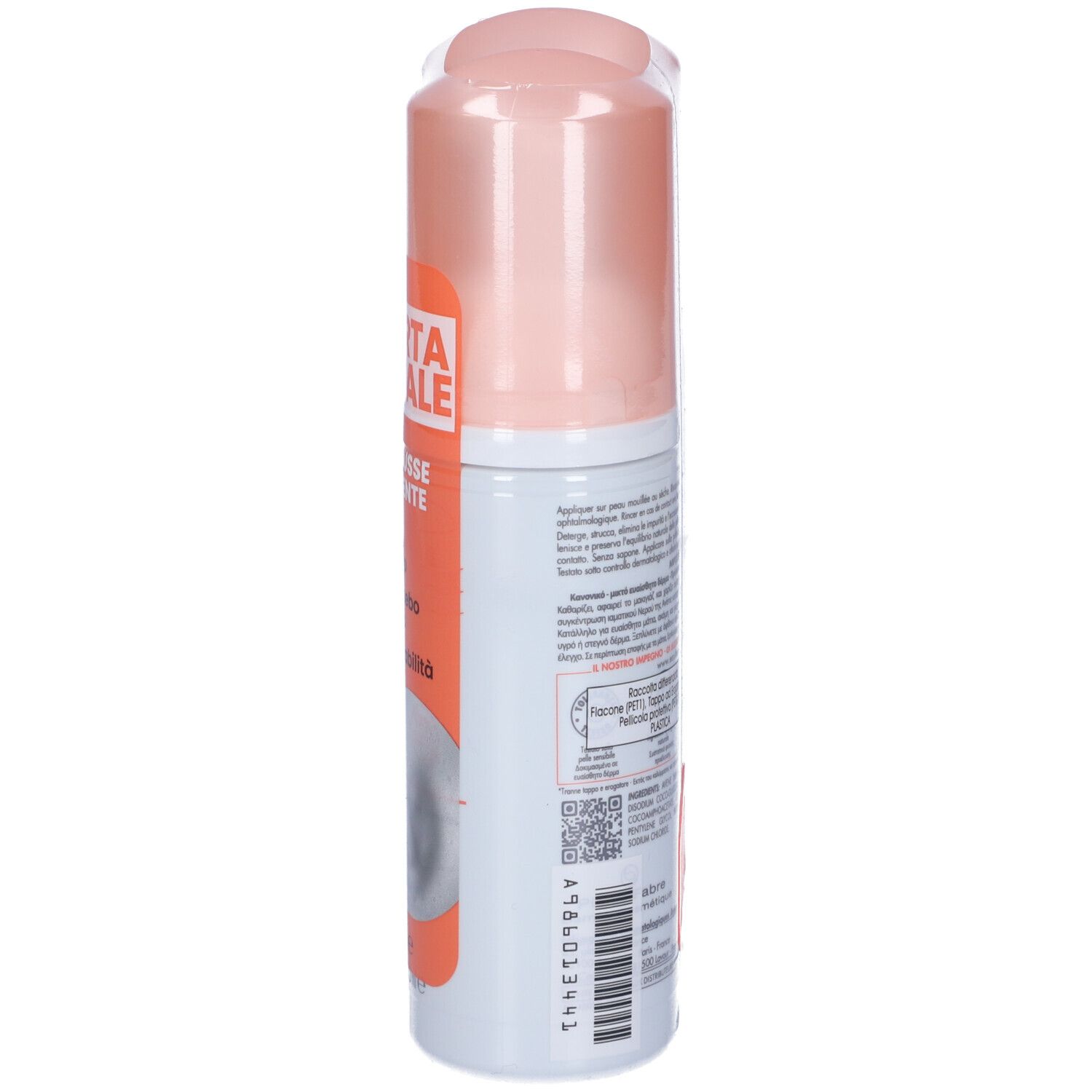 Un flacone di mousse, tappo rosa, etichetta bianca con testo. Scritta: Offerta Speciale, Duo Mousse Detergente.