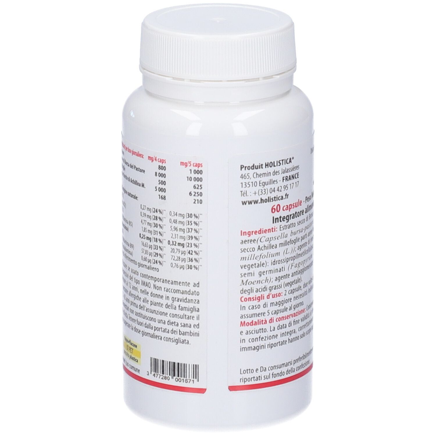 Retro del flacone bianco di capsule. Scritta: Prodotto Holistica. Informazioni nutrizionali e avvertenze.