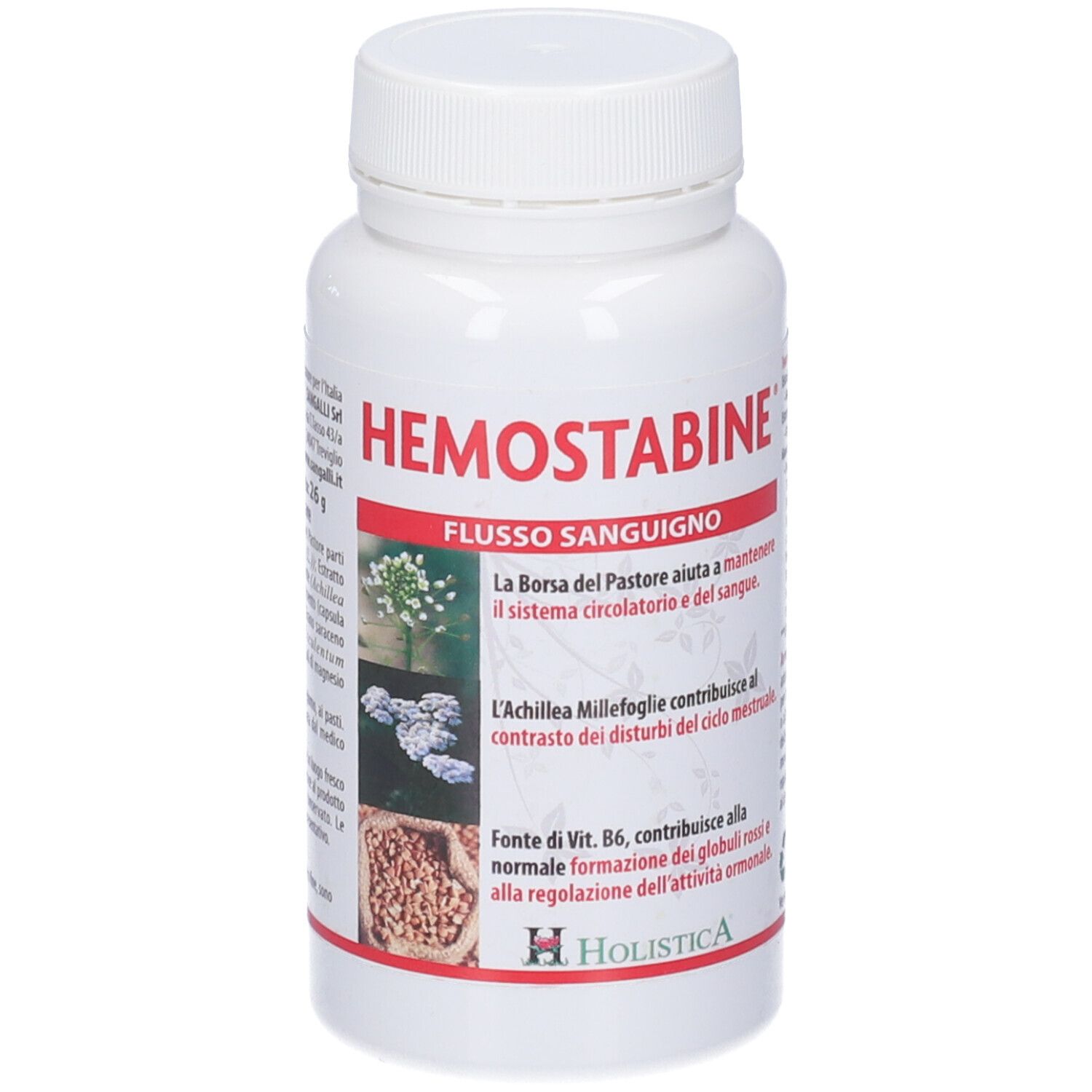 Flacone bianco di capsule. Scritta: Hemostabine, Flusso Sanguigno. Logo Holistica. Immagini di piante.