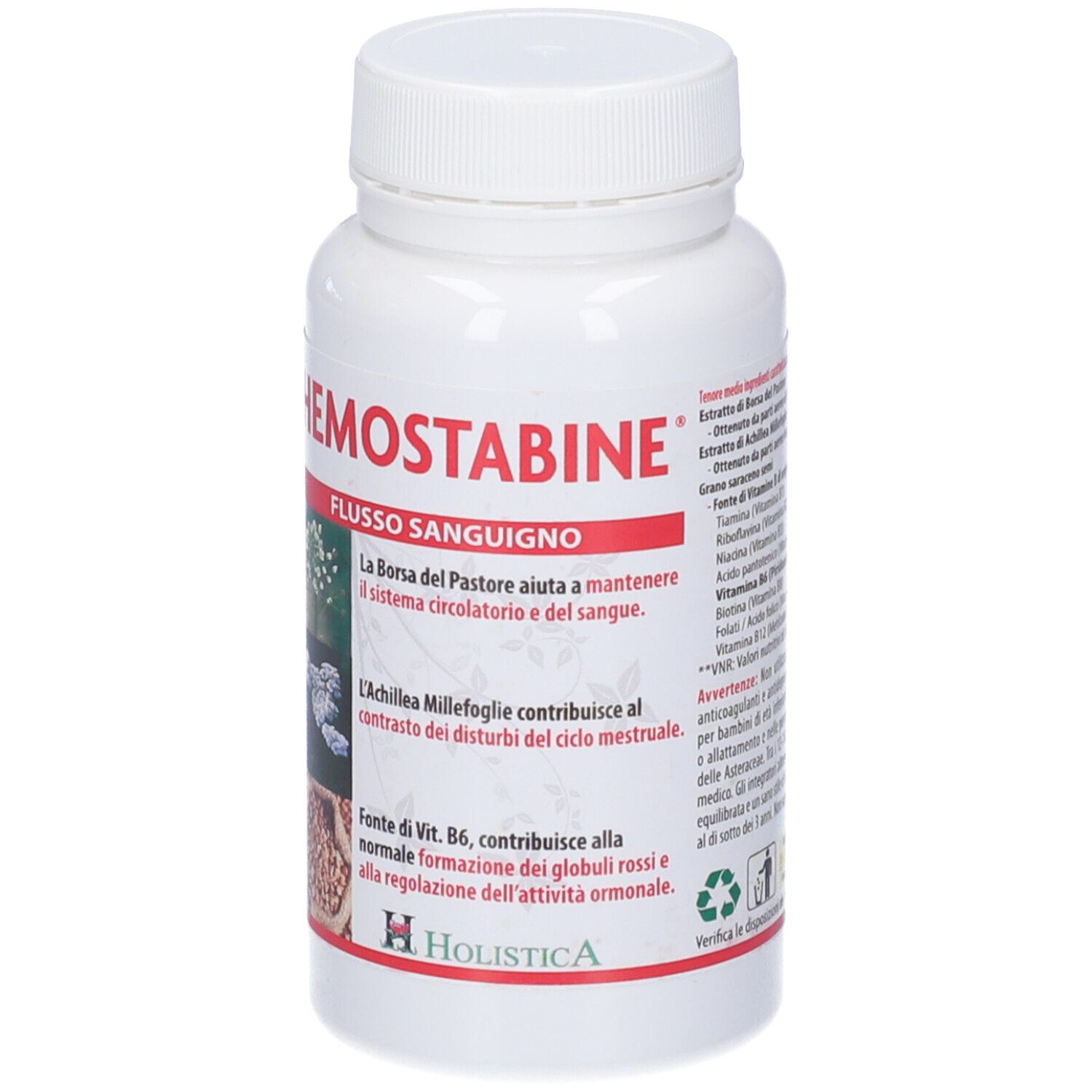 Flacone bianco di capsule. Scritta: Hemostabine, Flusso Sanguigno. Logo Holistica. Immagini di piante.