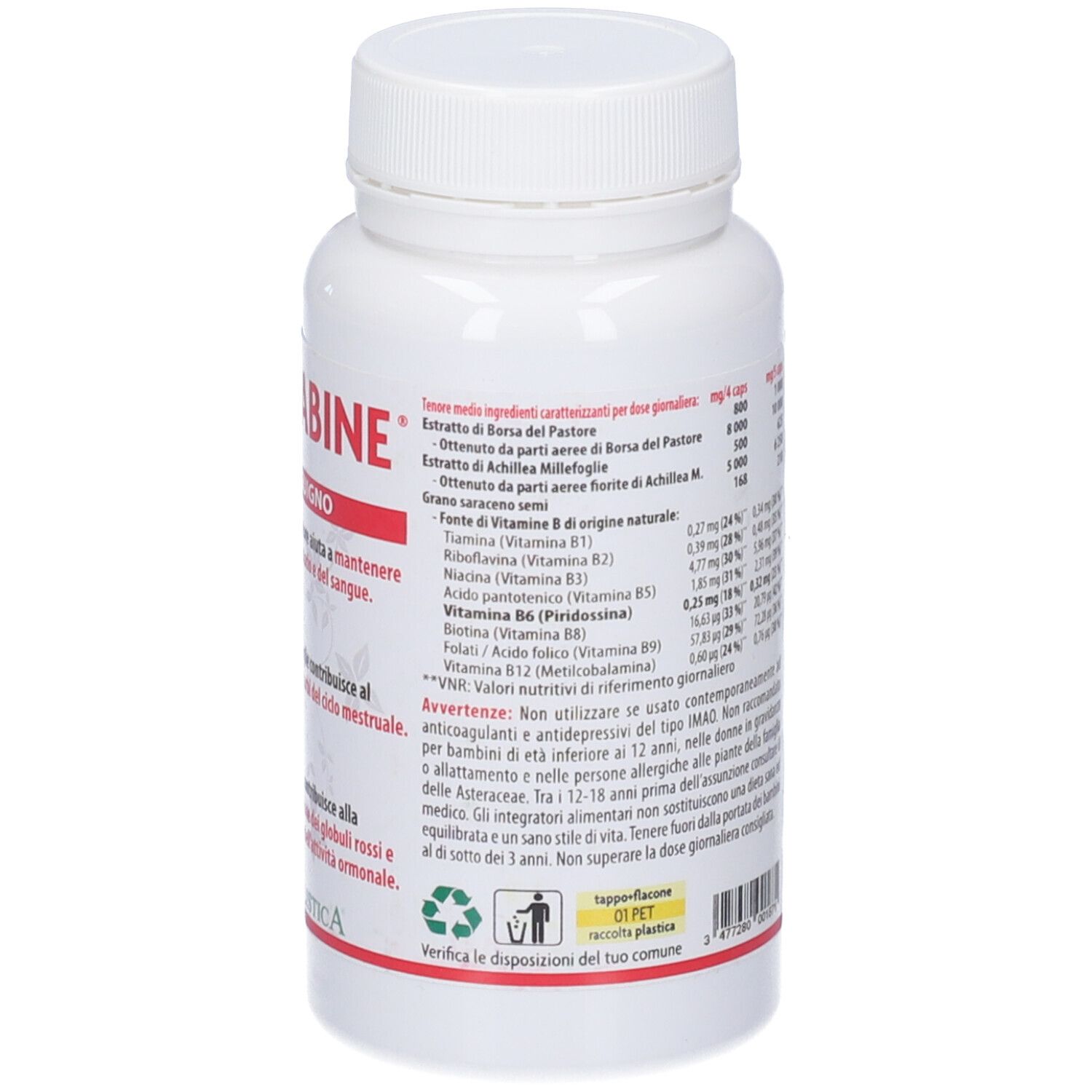 Retro del flacone bianco di capsule. Scritta: Hemostabine, Flusso Sanguigno. Ingredienti e informazioni nutrizionali.