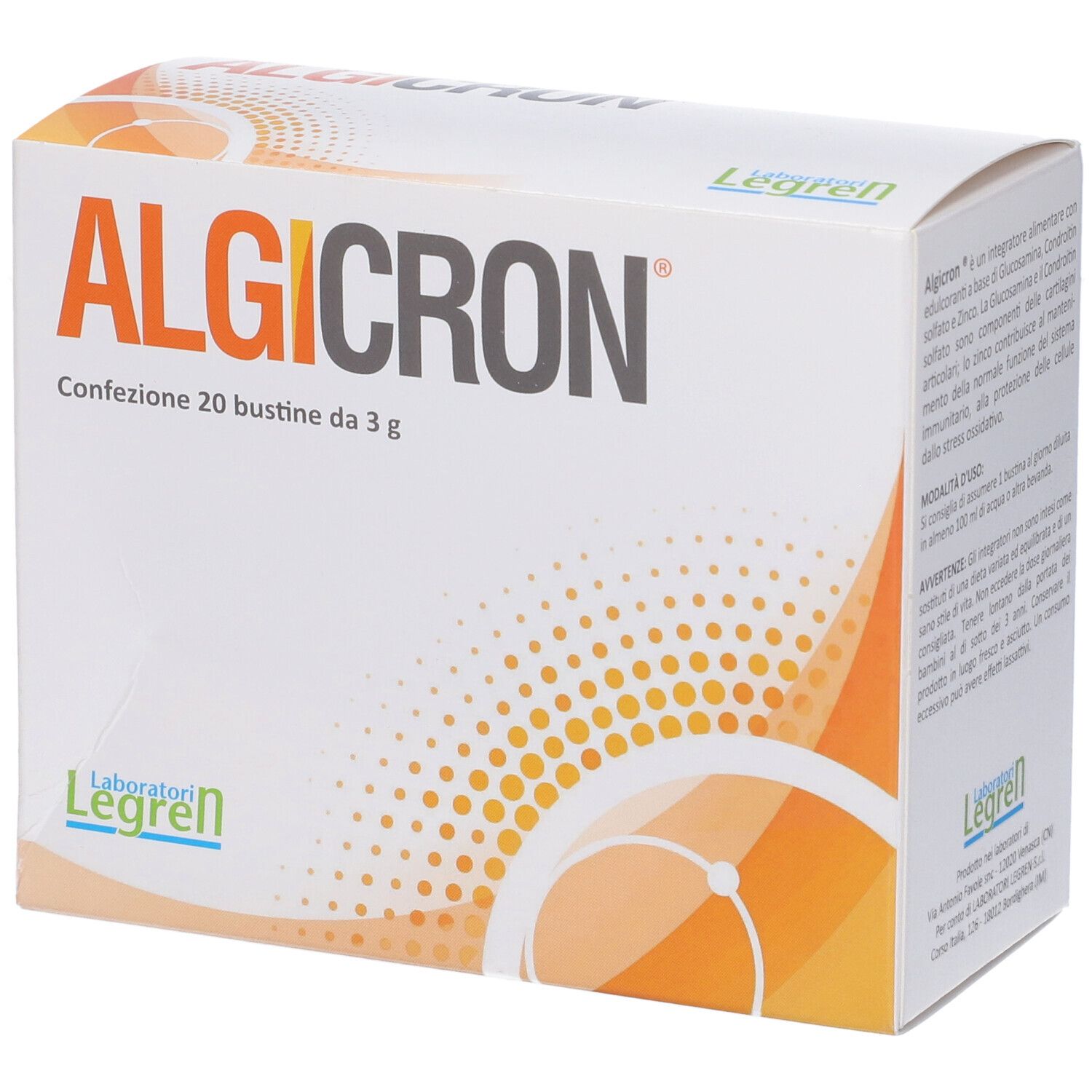 Scatola Algicron. Scritto: Confezione 20 bustine da 3 g. Logo Legren. Design arancione.