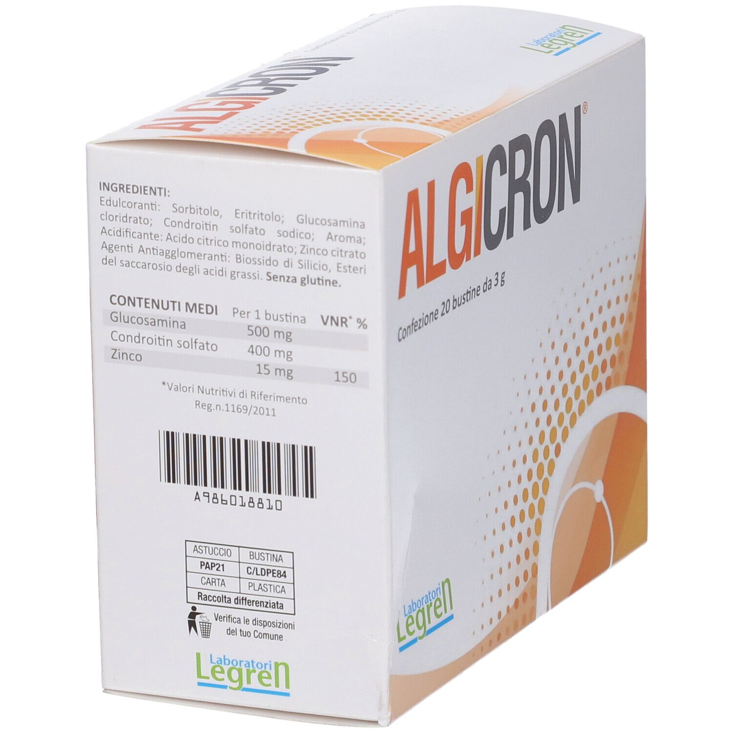 Scatola Algicron. Retro con ingredienti e informazioni nutrizionali. Logo Legren.