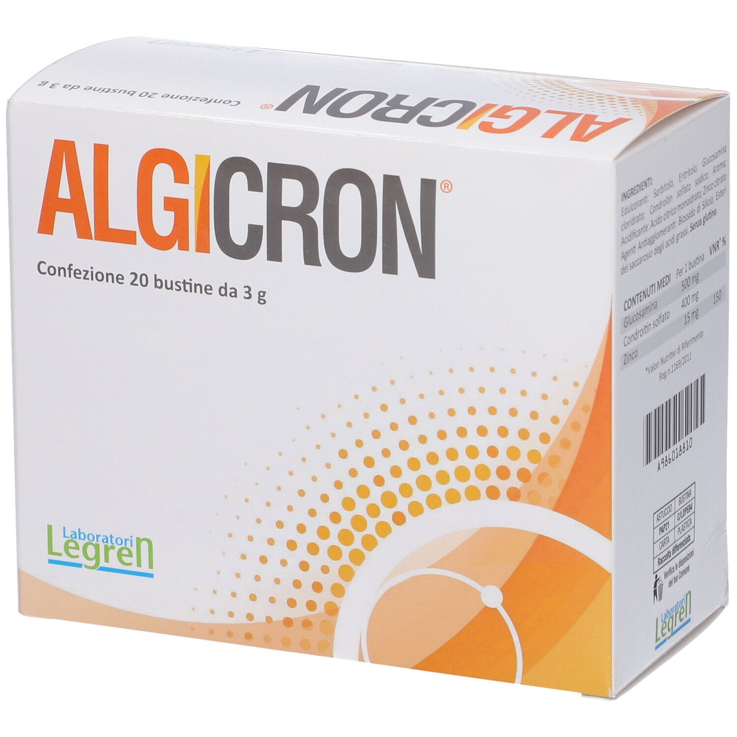 Scatola Algicron. Scritto: Confezione 20 bustine da 3 g. Logo Legren. Testo sul retro.