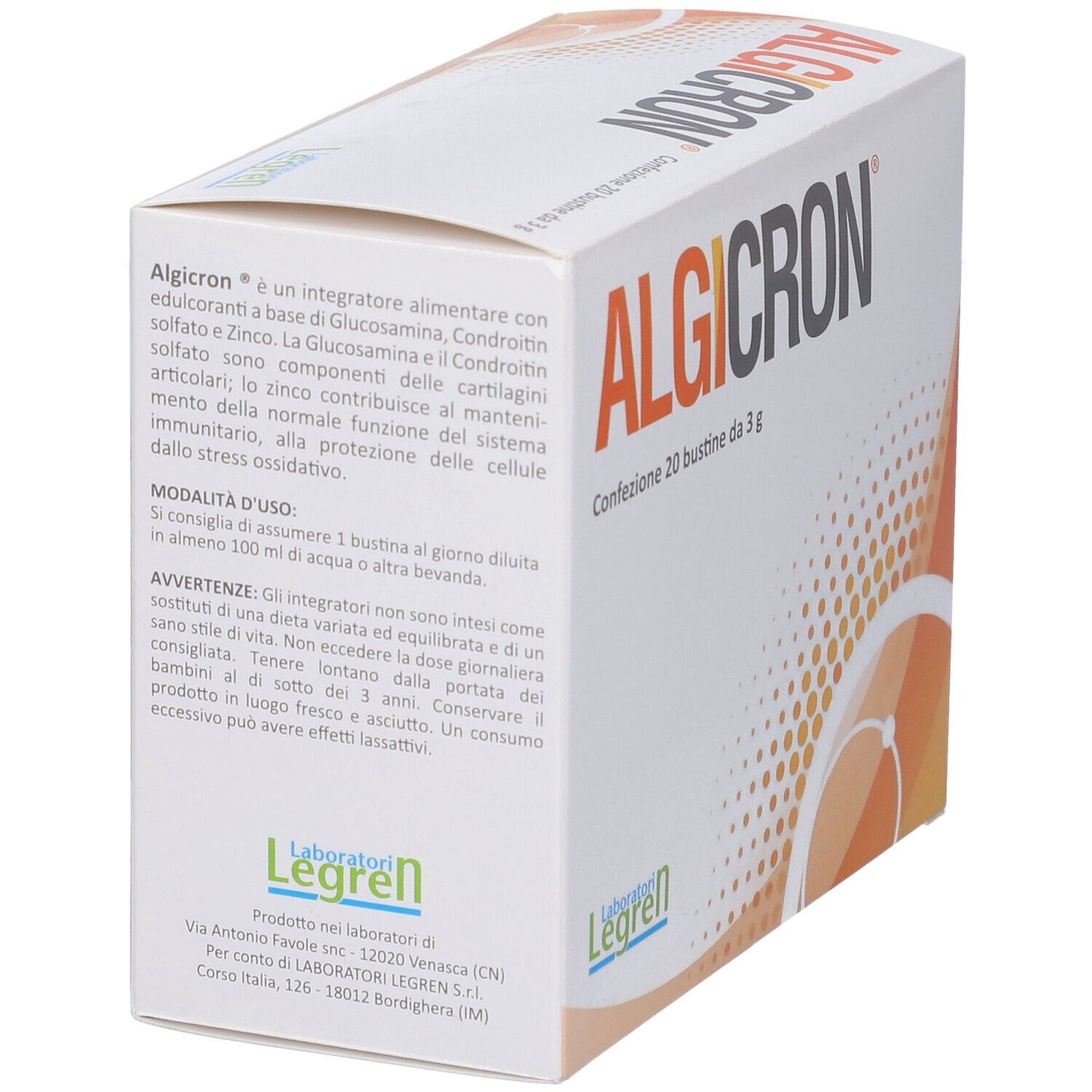 Scatola Algicron. Scritto: Confezione 20 bustine da 3 g. Logo Legren. Testo e istruzioni.