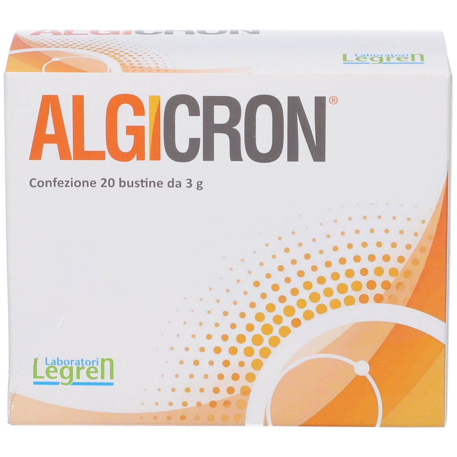 Scatola Algicron. Scritto: Confezione 20 bustine da 3 g. Logo Legren. Design arancione.