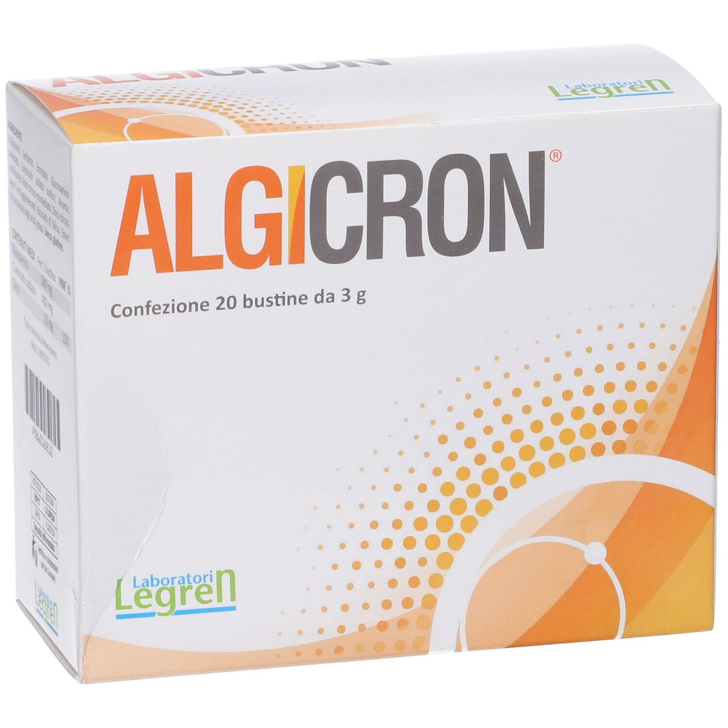 Scatola Algicron. Scritto: Confezione 20 bustine da 3 g. Logo Legren. Design bianco.