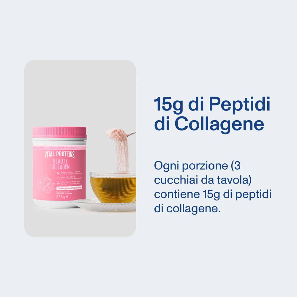 Barattolo e cucchiaio di polvere. Testo: 15g peptidi di collagene per porzione. Ogni porzione contiene 15g.