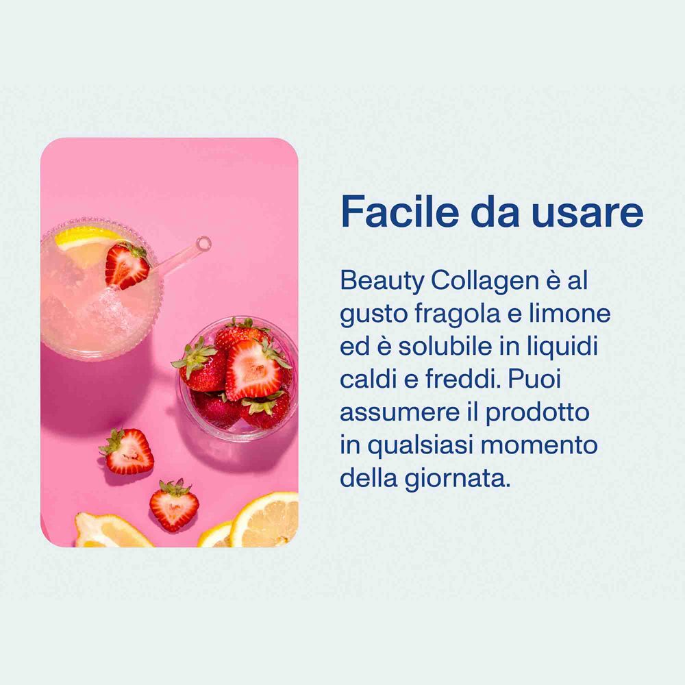Bicchiere con bevanda, fragole e limone. Testo: Beauty Collagen è solubile nei liquidi.