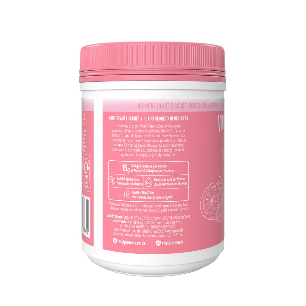 Retro del barattolo rosa. Contiene informazioni sugli ingredienti, i valori nutrizionali e i contatti.