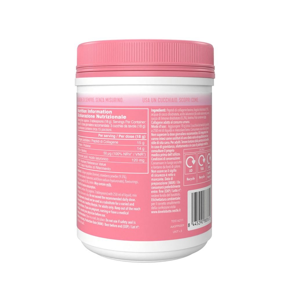 Retro del barattolo rosa. Contiene informazioni nutrizionali e ingredienti. Con certificazioni.
