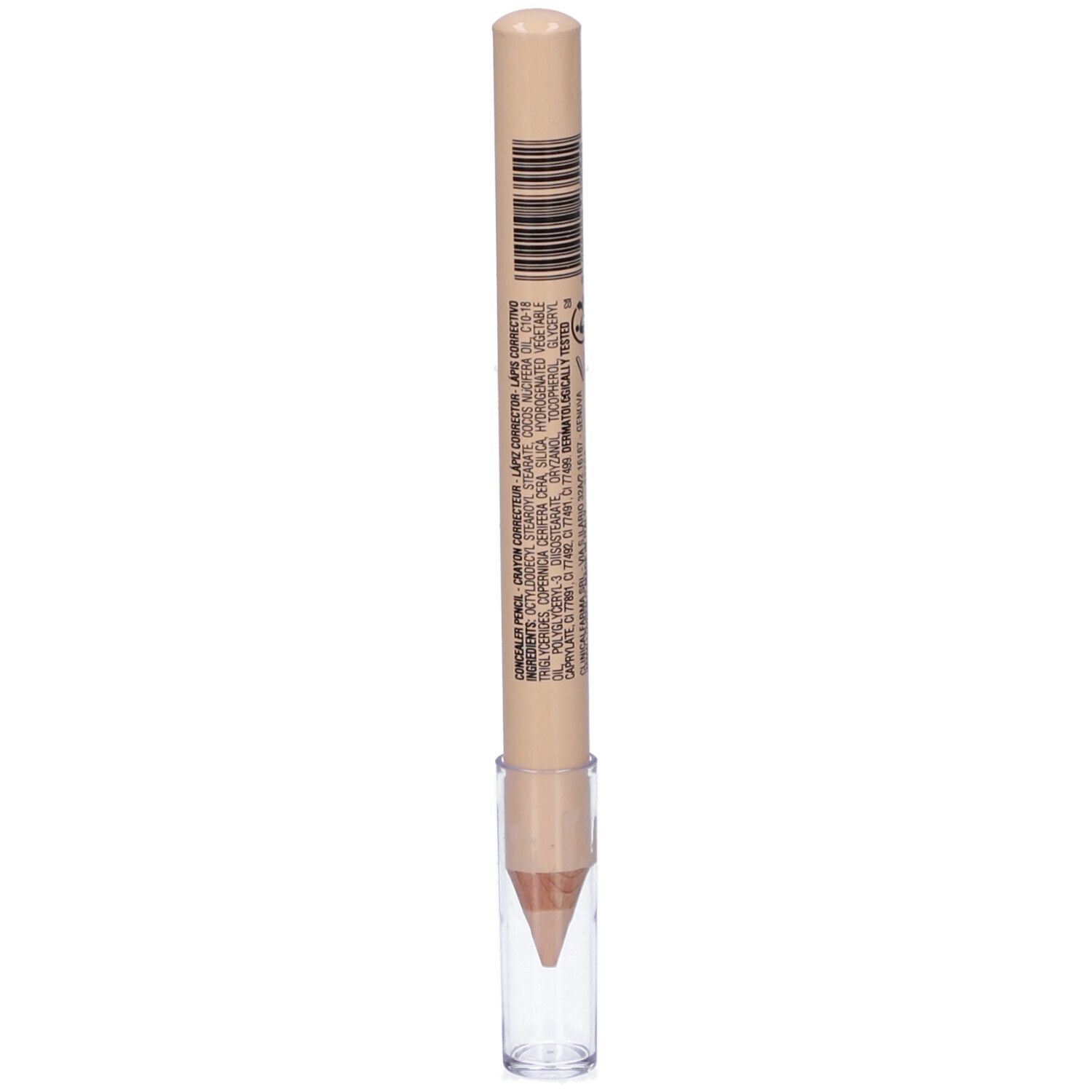 Una matita correttore beige con cappuccio trasparente e ingredienti visibili.
