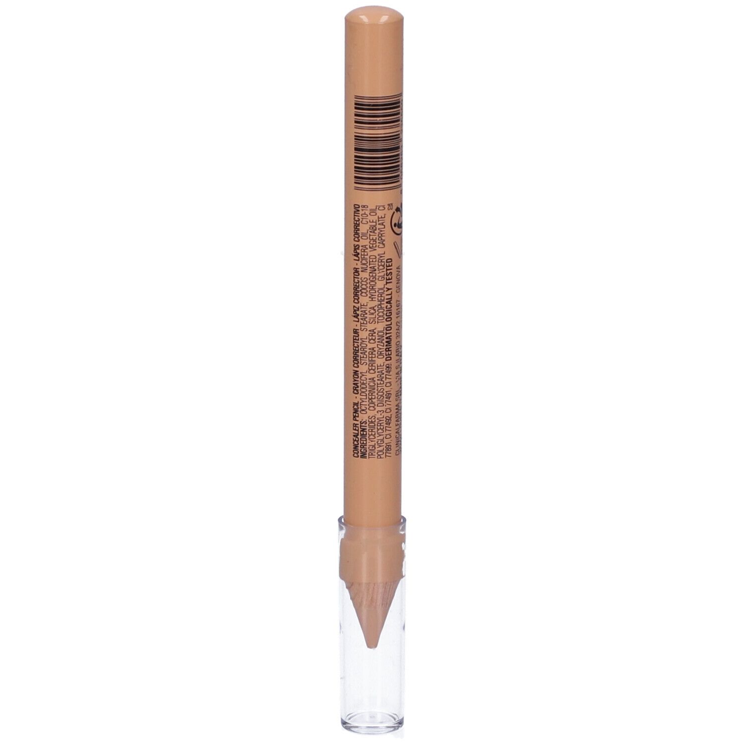 Matita correttore beige con cappuccio trasparente. Retro con codice a barre e testo.