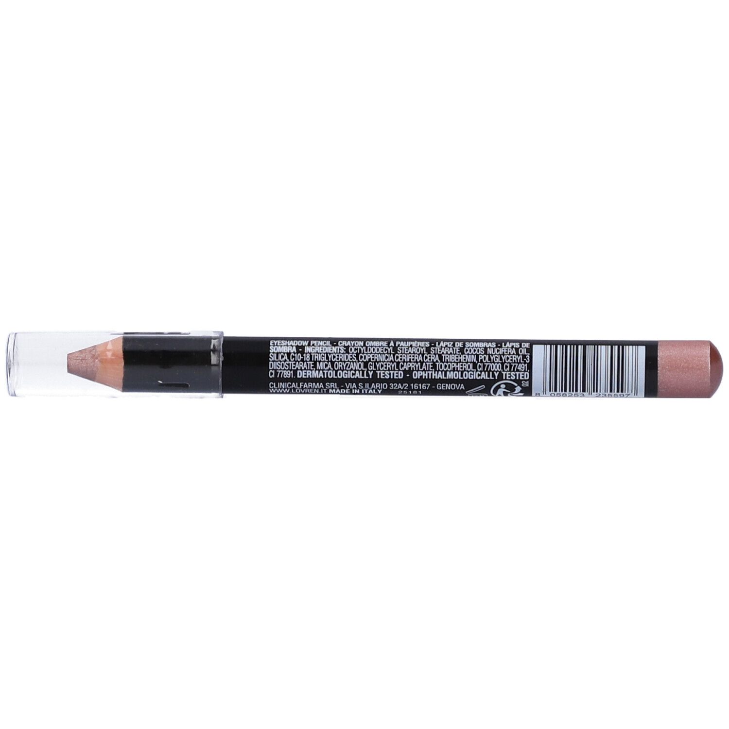 Matita ombretto. Retro della matita con testo e codice a barre. Marrone scuro con estremità rosa. Cappuccio trasparente.