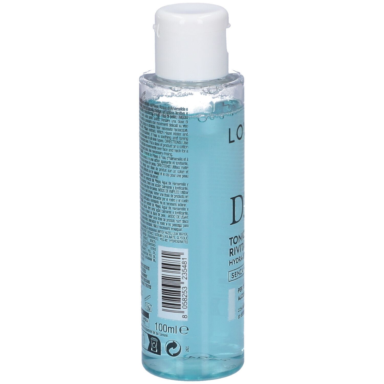 Flacone cilindrico con tappo bianco. Etichetta sul retro con testo e codice a barre. Scritta: 100ml e.