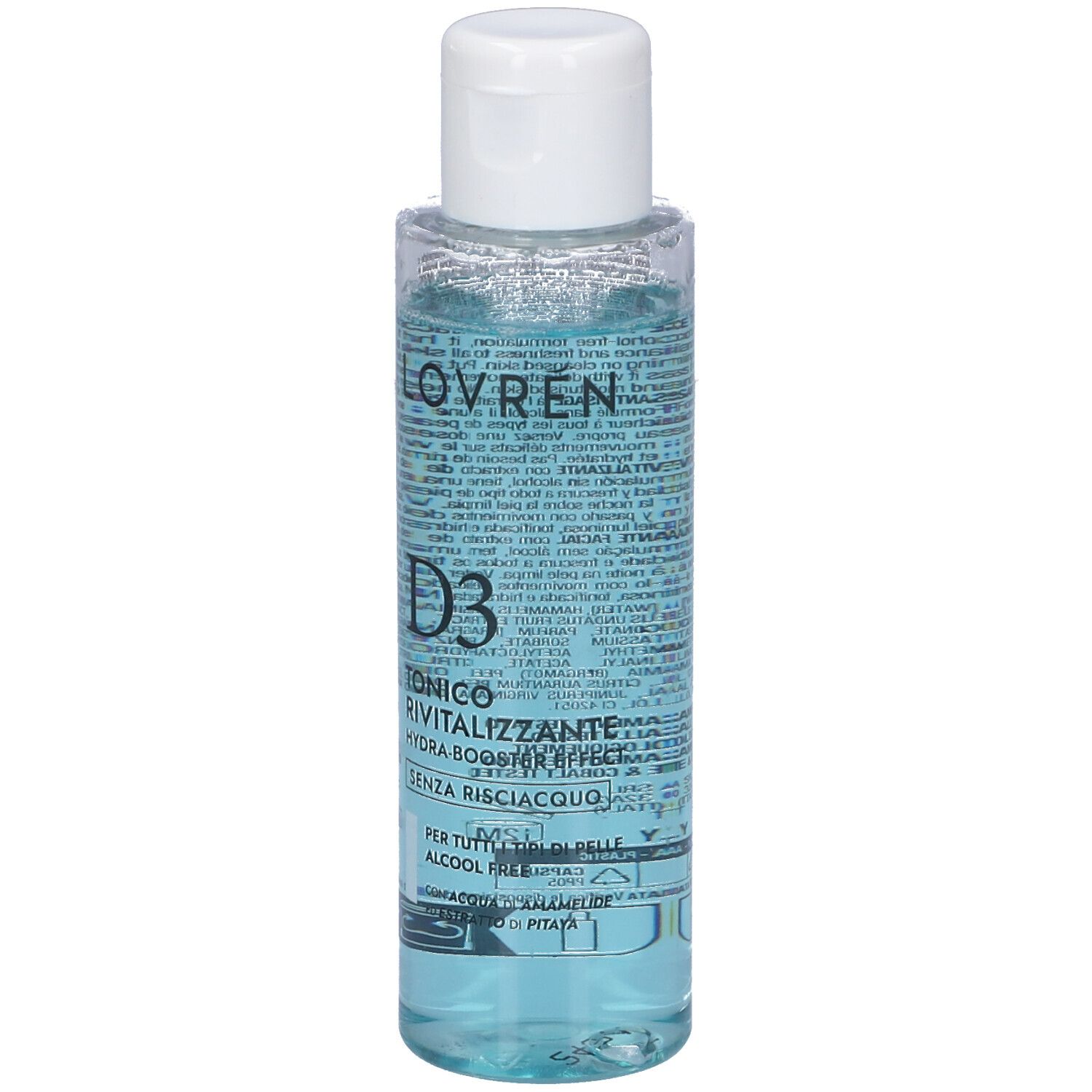 Prodotto liquido trasparente in flacone cilindrico con tappo bianco. Scritta: LOVREN, D3, TONICO RIVITALIZZANTE.