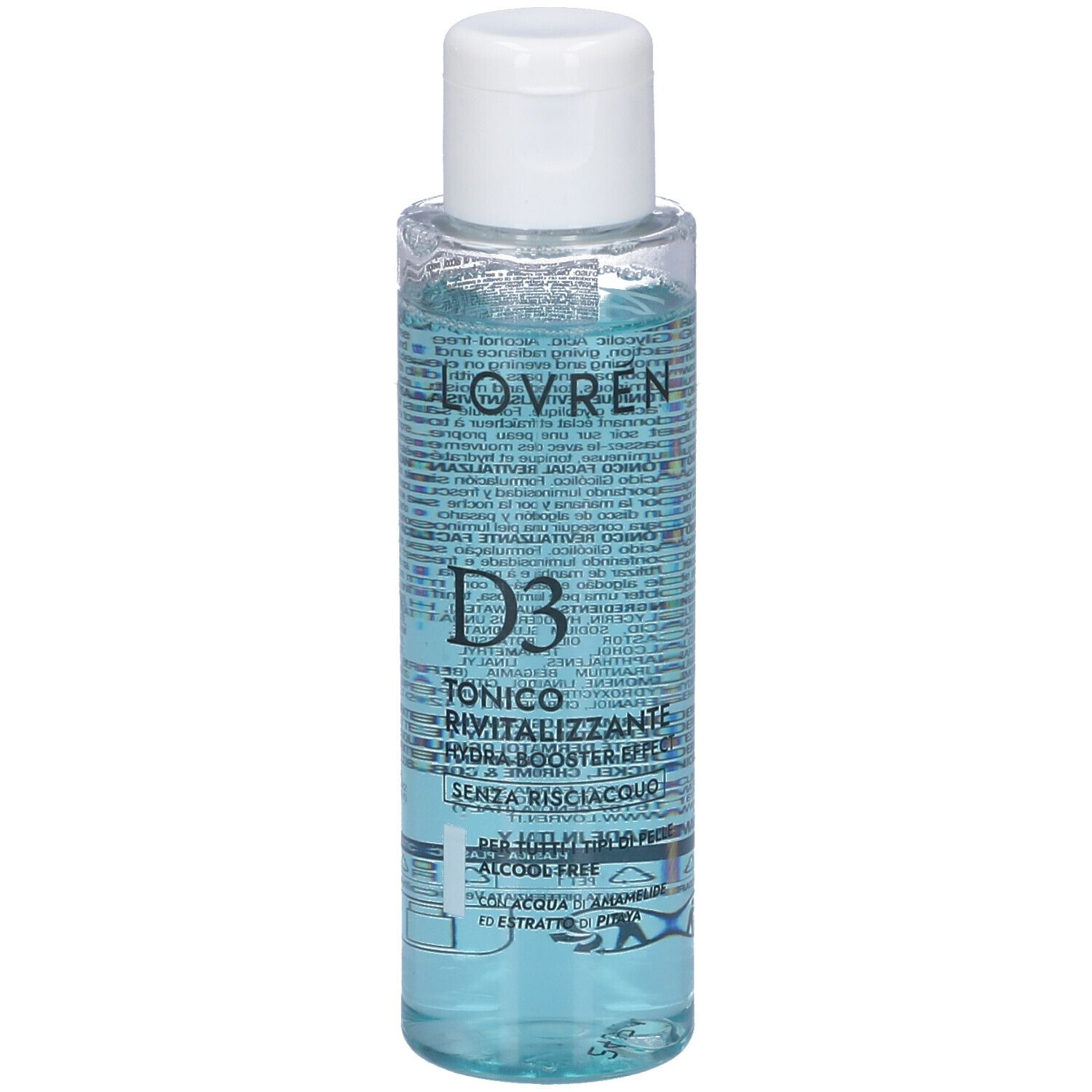 Prodotto liquido trasparente in flacone cilindrico con tappo bianco. Scritta: LOVREN, D3, TONICO RIVITALIZZANTE.