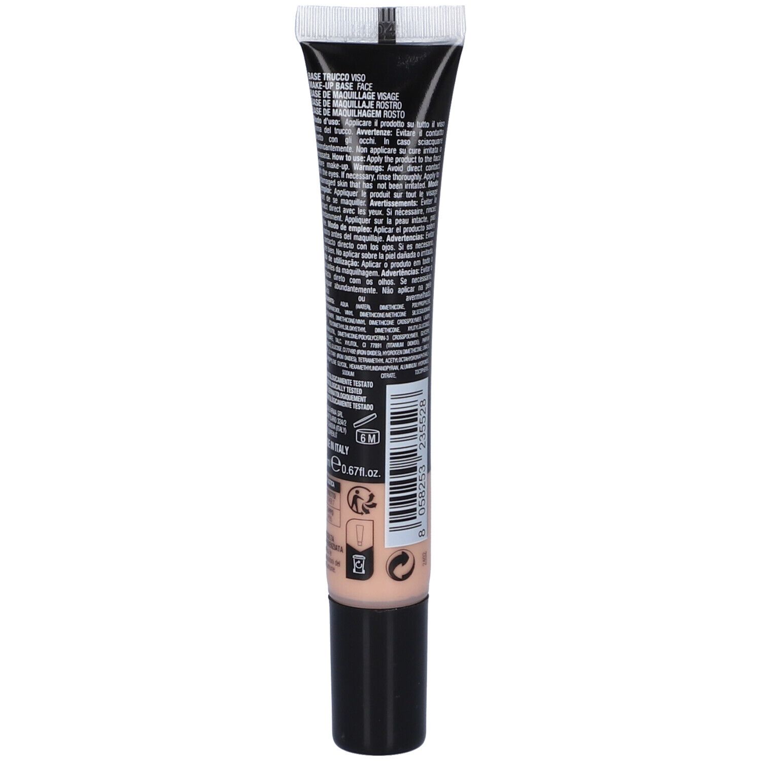 Retro del tubo nero. Testo in più lingue. Tonalità visibile. Chiusura nera.