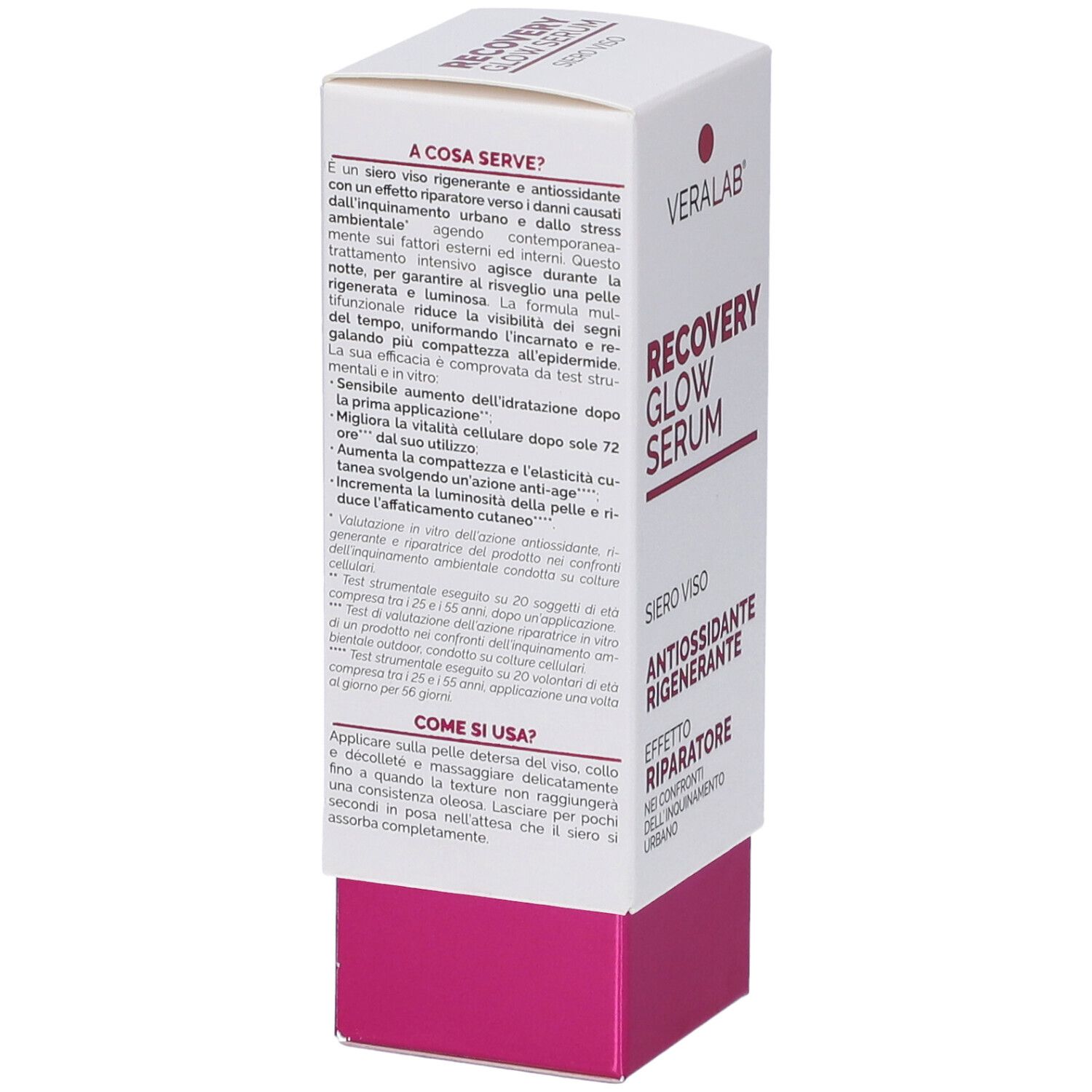 Confezione di VERALAB RECOVERY GLOW SERUM. Testo sul lato. Scatola bianca con base rosa.