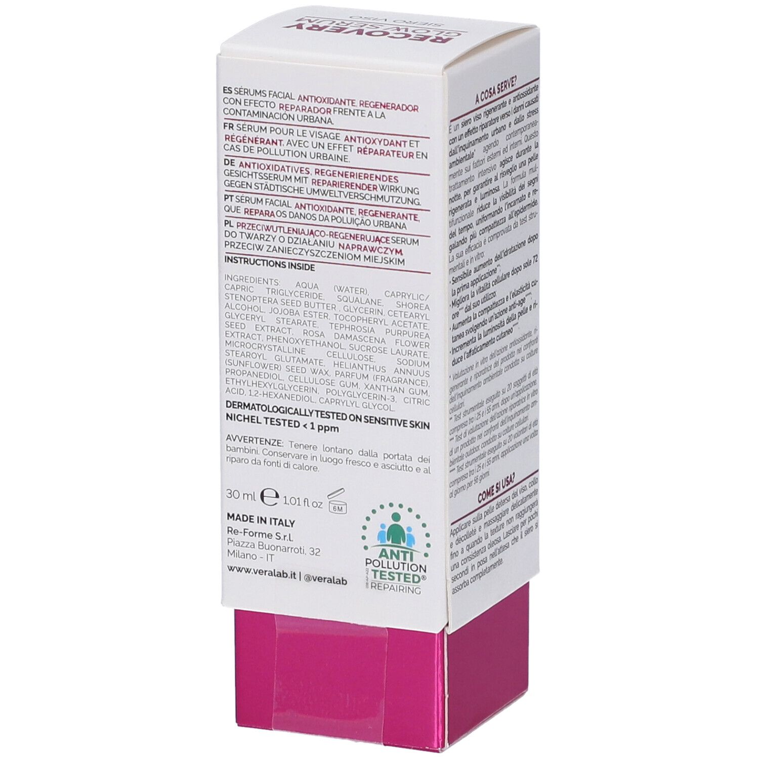 Confezione di VERALAB RECOVERY GLOW SERUM. Ingredienti e informazioni. Scatola bianca con base rosa.
