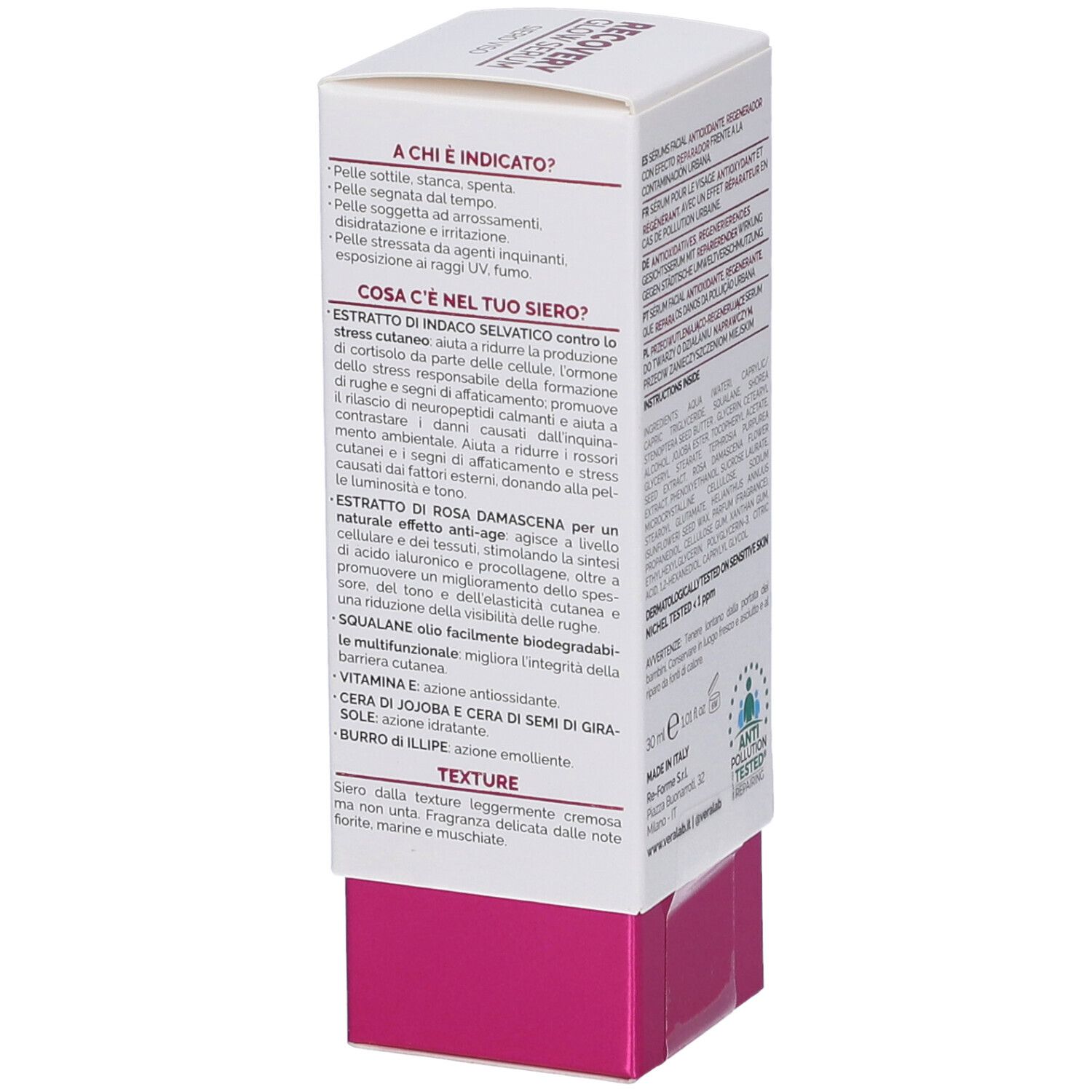 Confezione di VERALAB RECOVERY GLOW SERUM. Testo sugli ingredienti. Scatola bianca con base rosa.