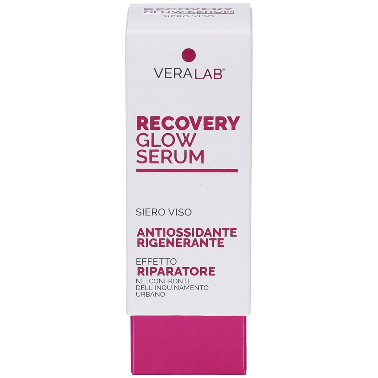 Confezione di VERALAB RECOVERY GLOW SERUM. Nome e logo del prodotto. Scatola bianca con base rosa.