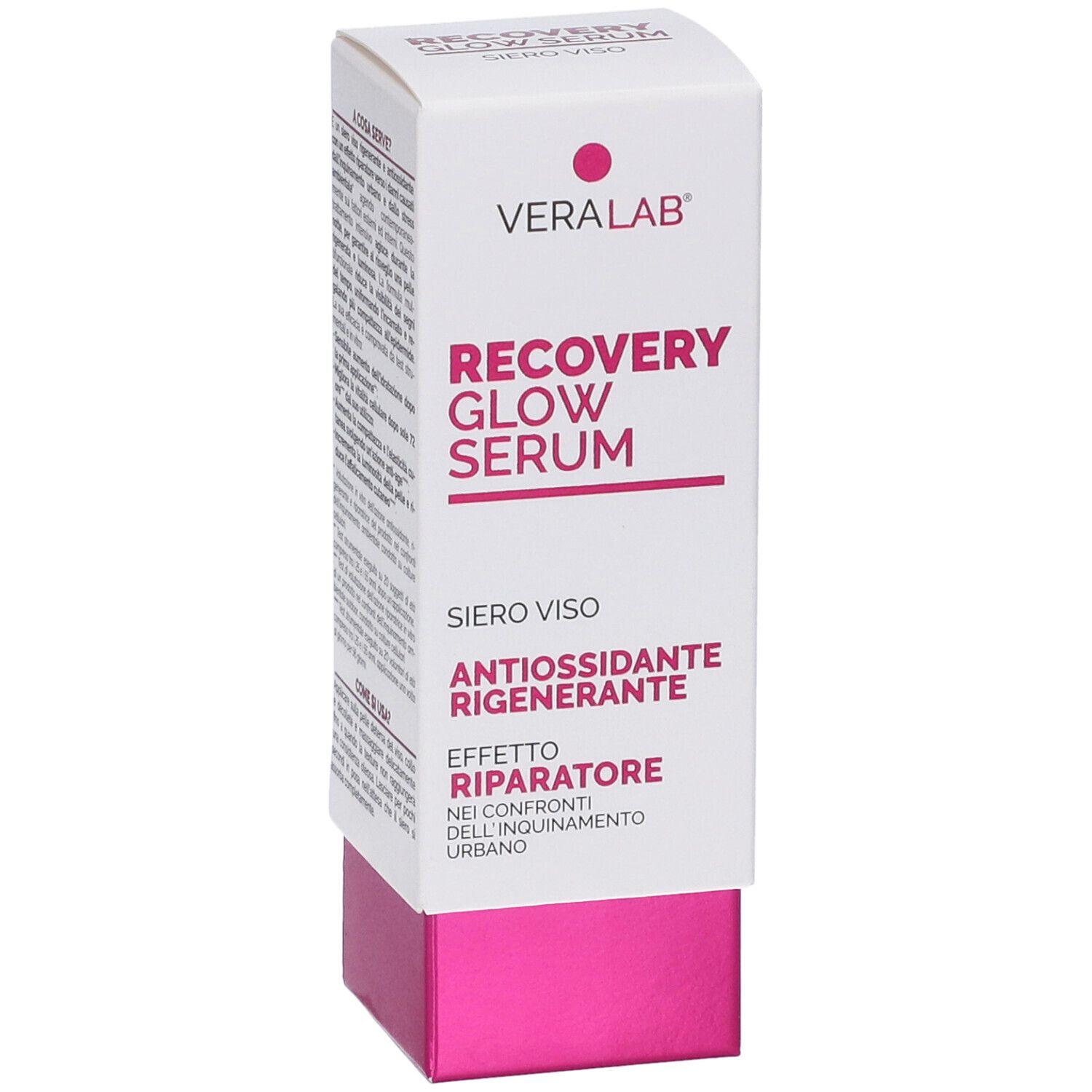 Confezione di VERALAB RECOVERY GLOW SERUM. Testo sul lato. Scatola bianca con base rosa.