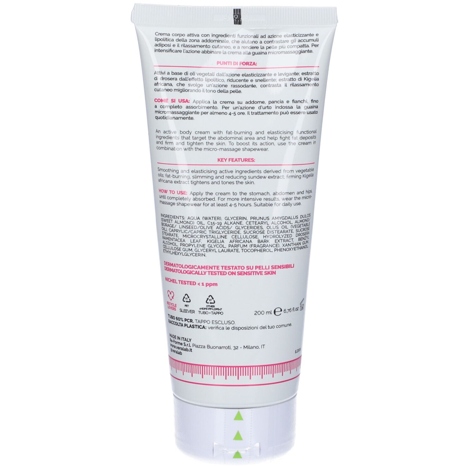 Retro del tubo bianco. Testo in italiano. Ingredienti e istruzioni per l'uso.