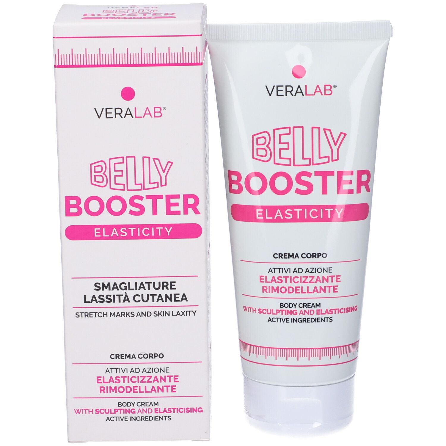 Confezione del prodotto: tubo e scatola. Entrambi con "BELLY BOOSTER ELASTICITY" e logo VERALAB.