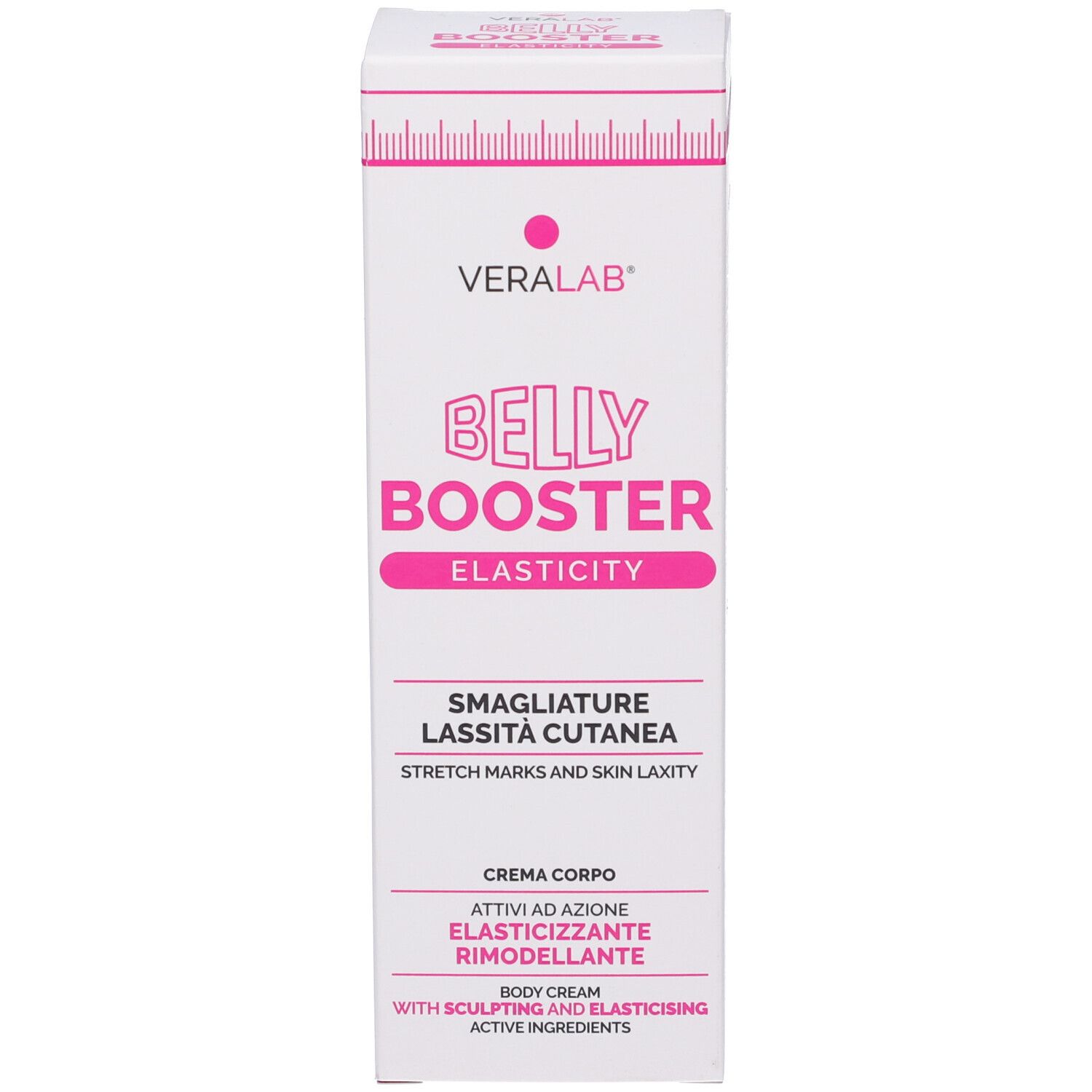 Scatola bianca con scritta rosa "BELLY BOOSTER ELASTICITY". Marchio VERALAB.