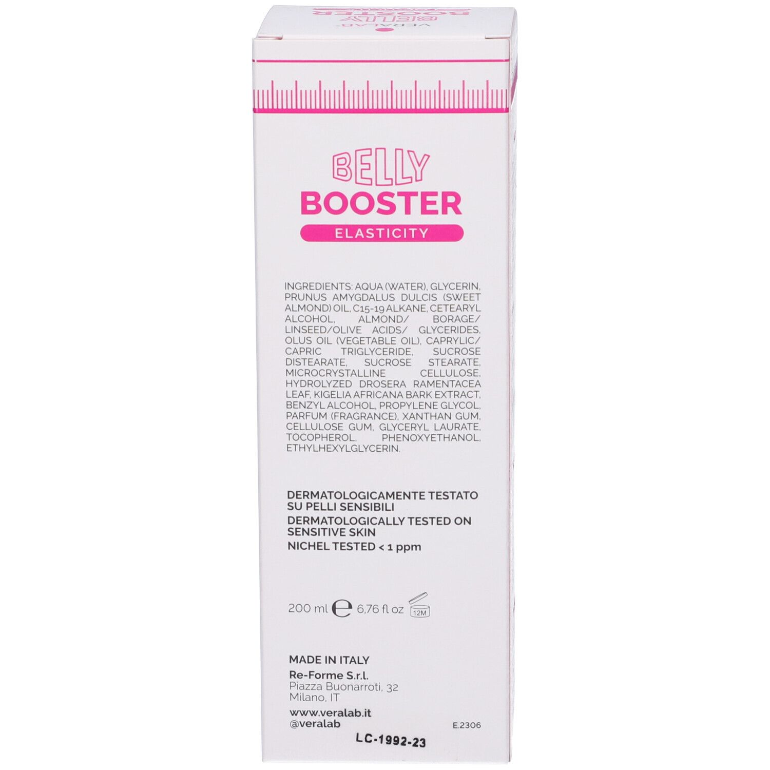 Retro della scatola. Ingredienti, informazioni sul produttore e certificazioni.