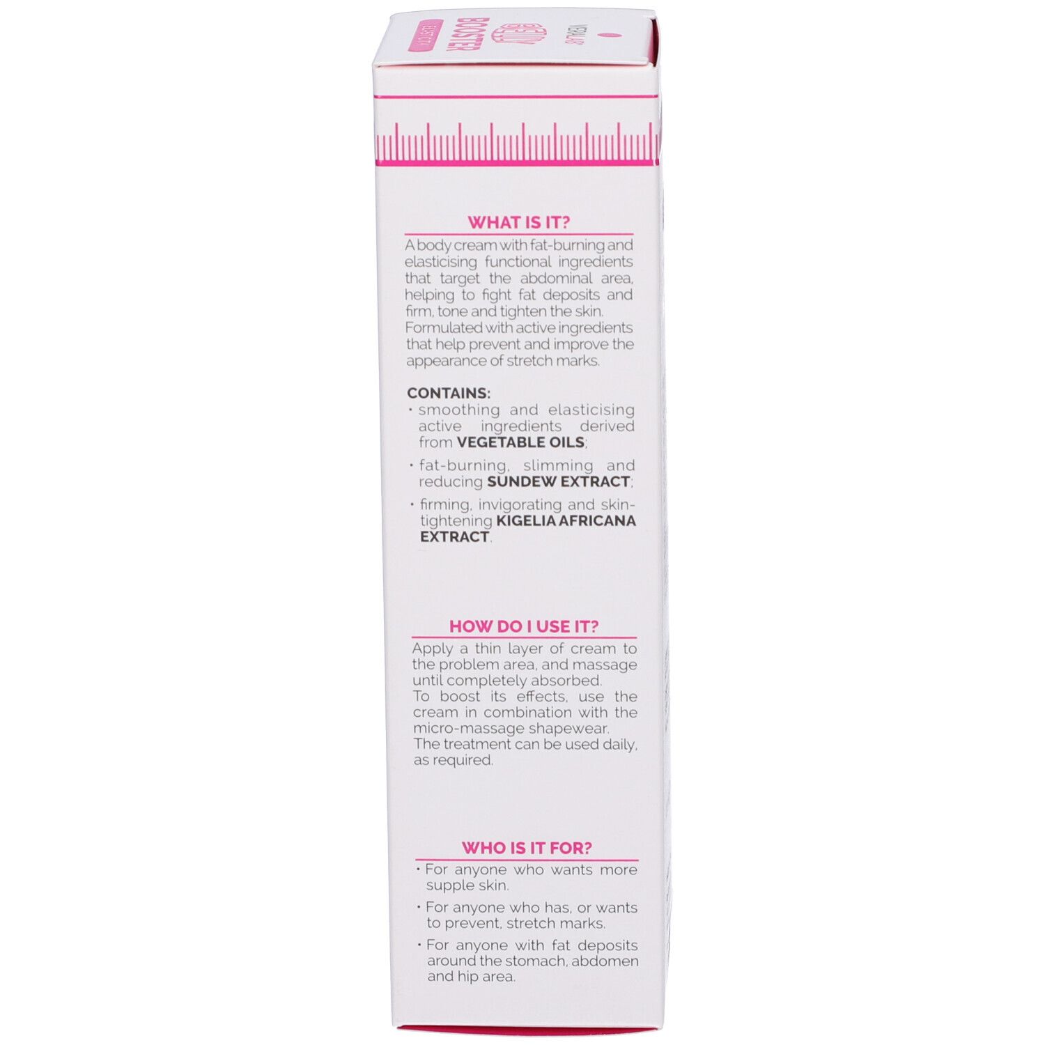 Scatola con testo in inglese. Descrive il prodotto e il suo utilizzo.