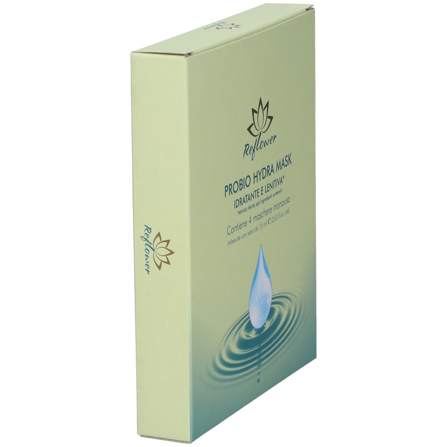 Confezione maschera viso. Scritta: Reflower, Probio Hydra Mask, Idratante e Lenitiva. Vista laterale della confezione.