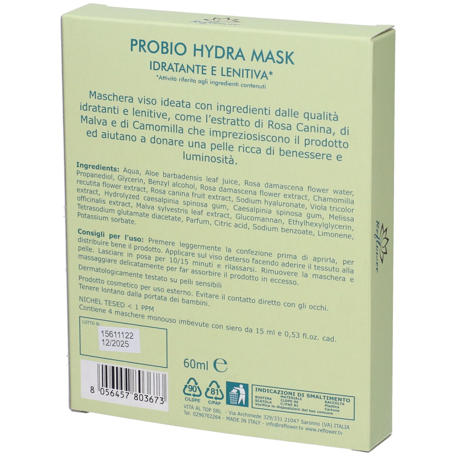 Retro confezione maschera viso. Testo: Probio Hydra Mask, ingredienti, istruzioni per l'uso. Logo Reflower.