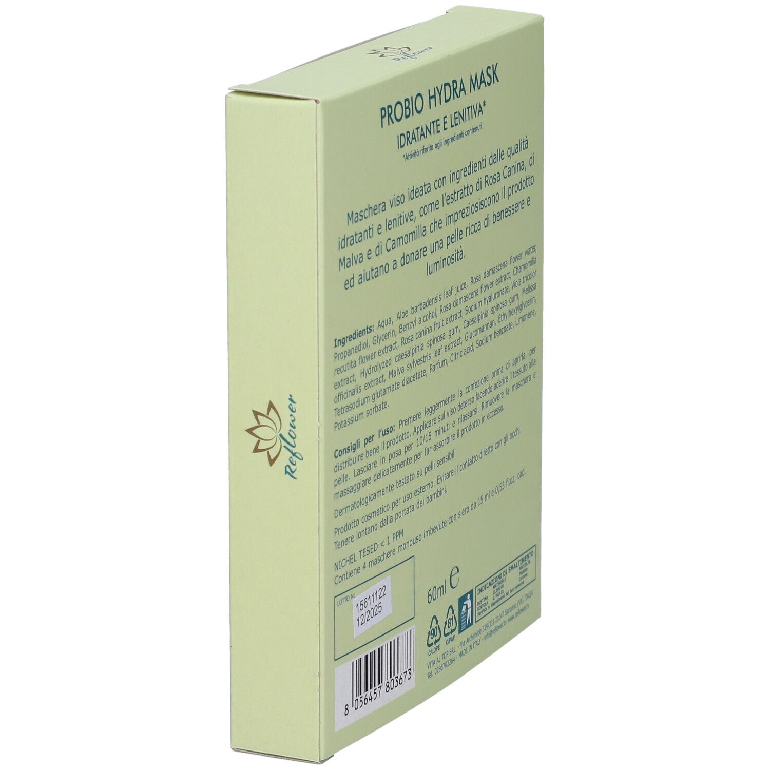 Confezione maschera viso. Scritta: Probio Hydra Mask. Vista laterale con testo e logo Reflower.