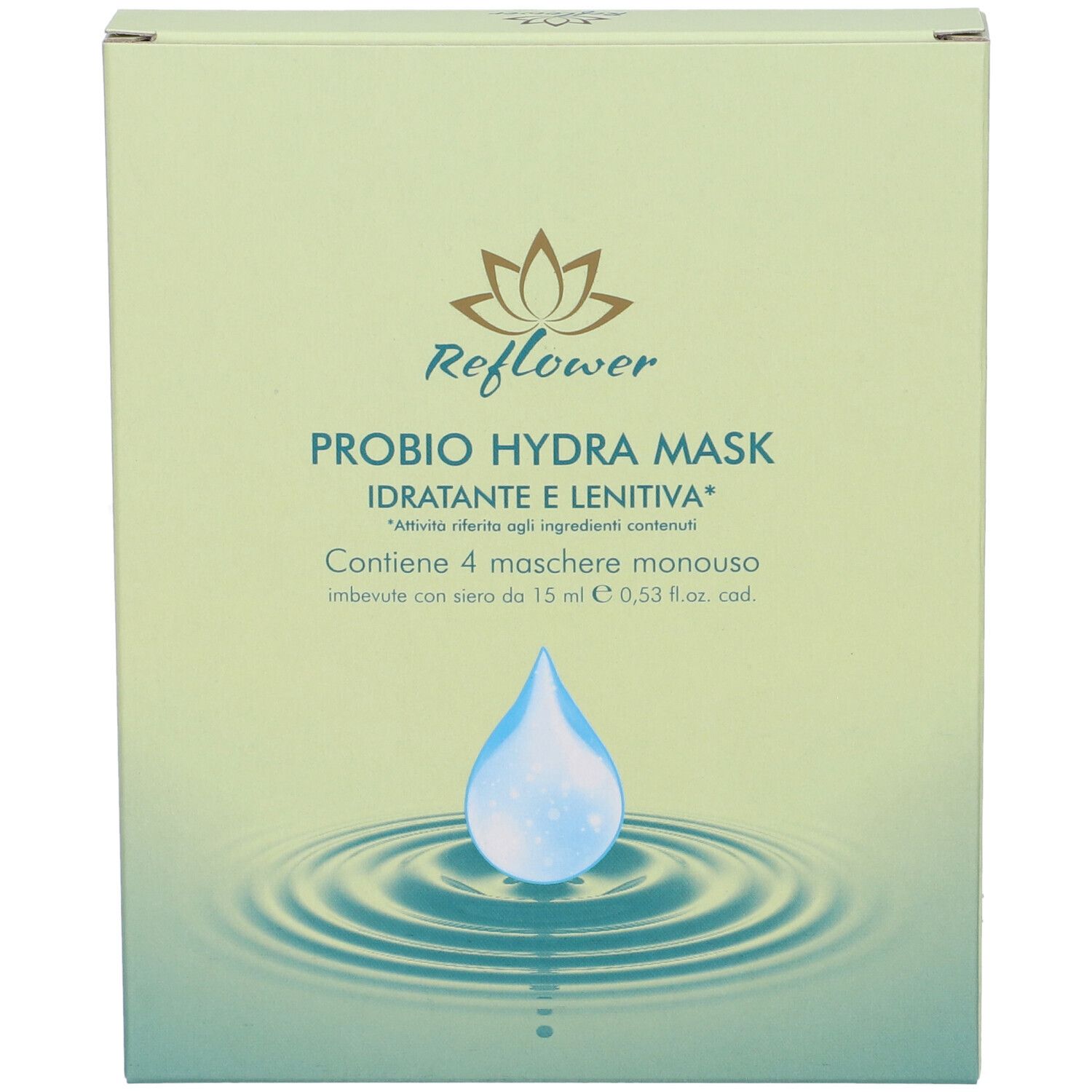 Confezione maschera viso. Scritta: Reflower, Probio Hydra Mask, Idratante e Lenitiva. Immagine di una goccia d'acqua.