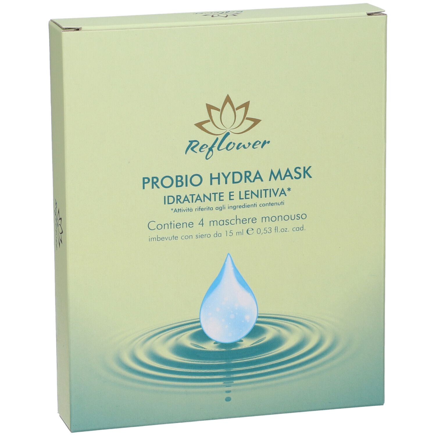 Confezione maschera viso. Scritta: Reflower, Probio Hydra Mask, Idratante e Lenitiva. Immagine di una goccia d'acqua.
