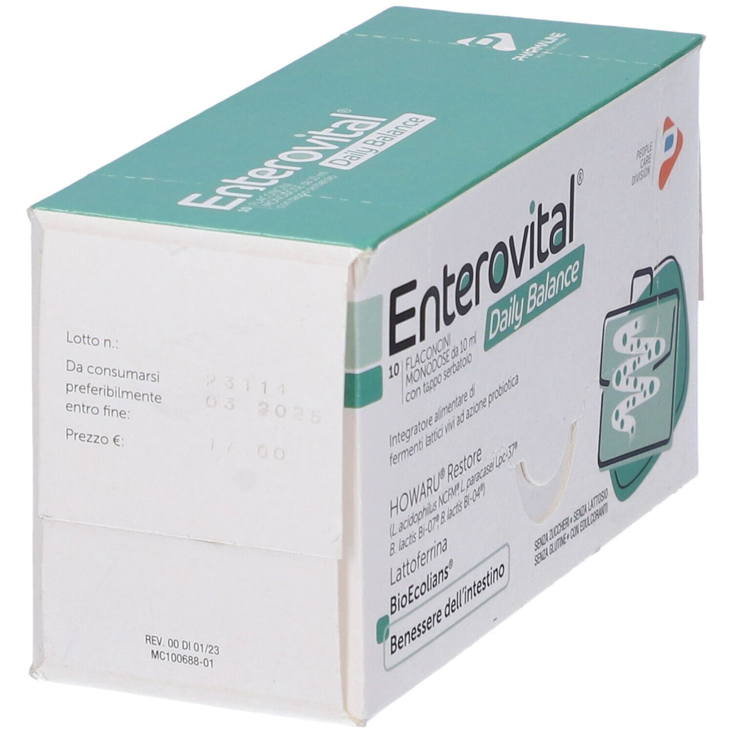 Scatola Enterovital Daily Balance. 10 flaconcini. Scritte: HOWARU Restore, Lattoferrina, BioEcolians. Retro con testo e data di scadenza.