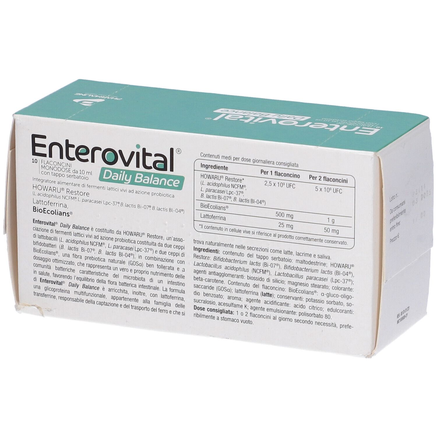 Scatola Enterovital Daily Balance. 10 flaconcini. Scritte: HOWARU Restore, Lattoferrina, BioEcolians. Retro con informazioni nutrizionali.