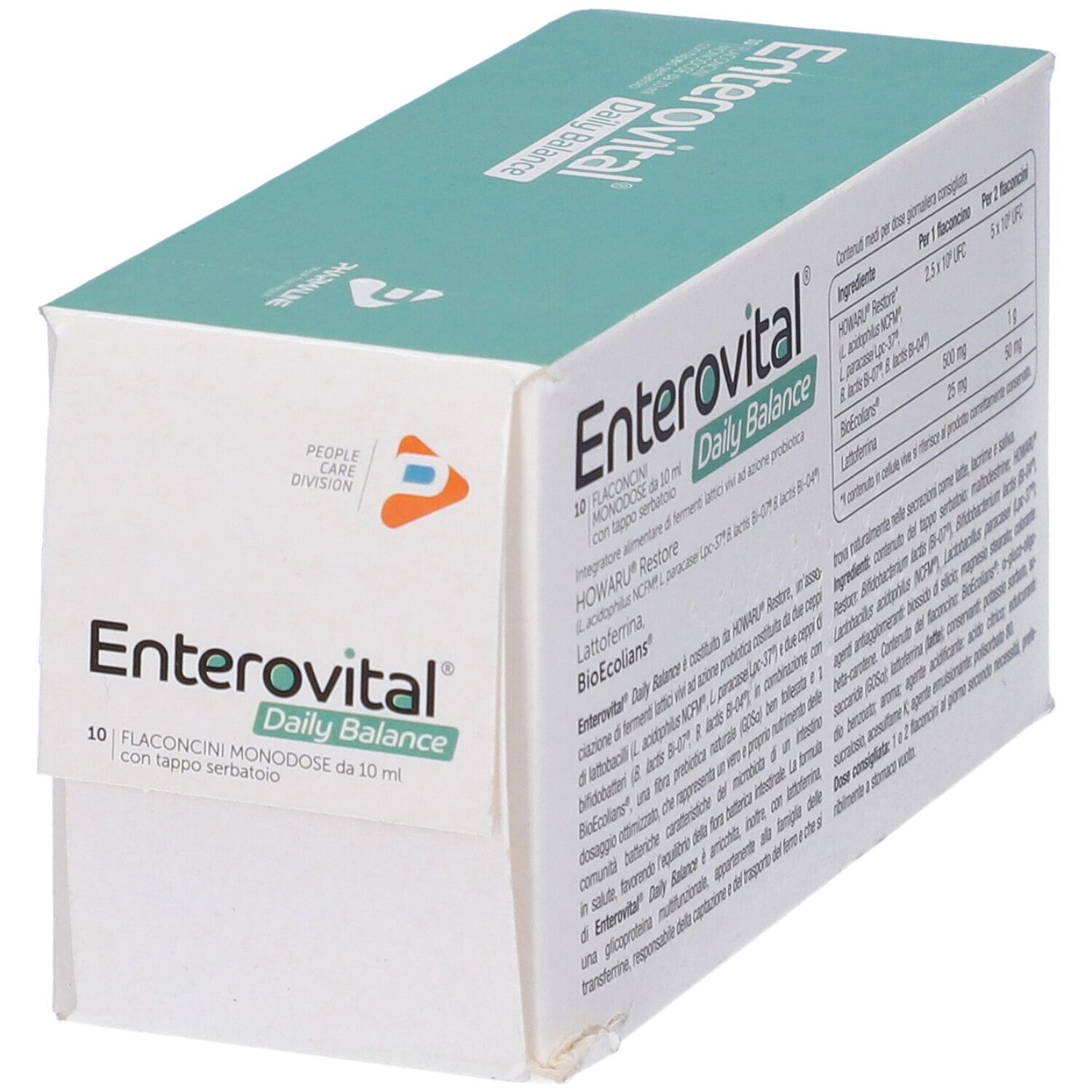 Scatola Enterovital Daily Balance. 10 flaconcini. Scritte: HOWARU Restore, Lattoferrina, BioEcolians. Vista obliqua.