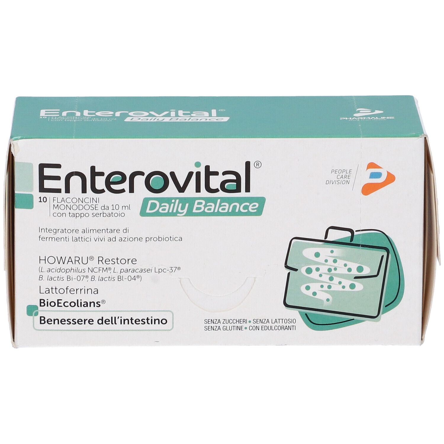 Scatola Enterovital Daily Balance. 10 flaconcini. Scritte: HOWARU Restore, Lattoferrina, BioEcolians. Illustrazione di una borsa.