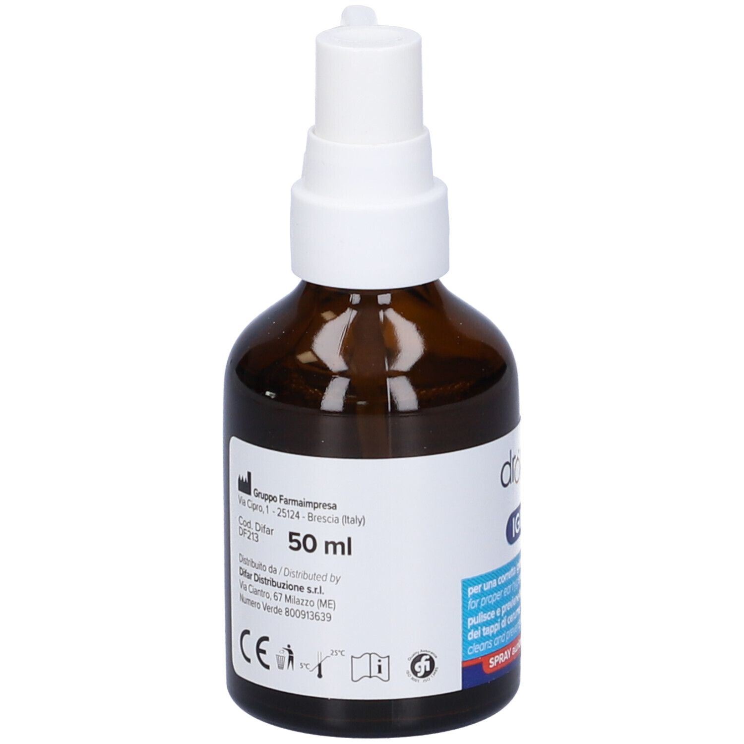 Flacone marrone con erogatore bianco. Scritta: 50 ml. Informazioni sul prodotto sul retro.