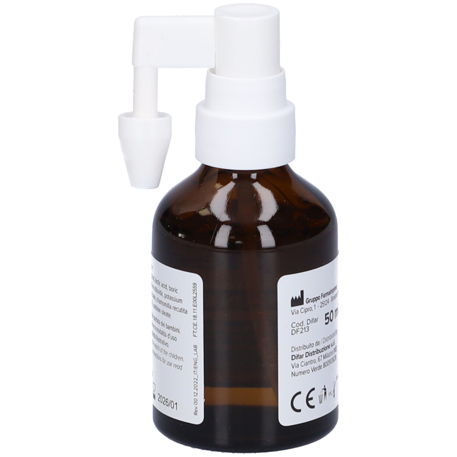 Flacone marrone con erogatore e applicatore bianchi. Informazioni sul prodotto sul retro.