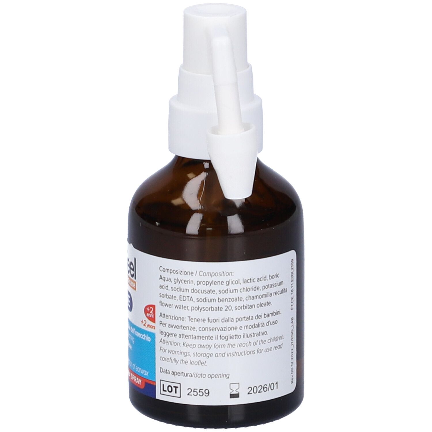 Flacone marrone con erogatore e applicatore bianchi. Ingredienti e avvertenze sul retro.