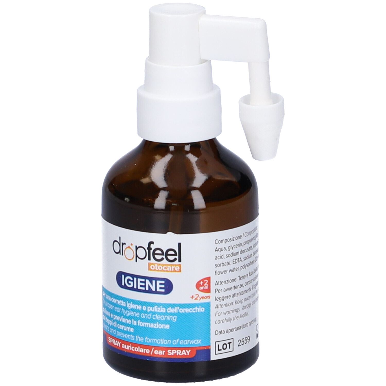Flacone marrone con erogatore e applicatore bianchi. Scritta: Dropfeel Igiene, spray auricolare.