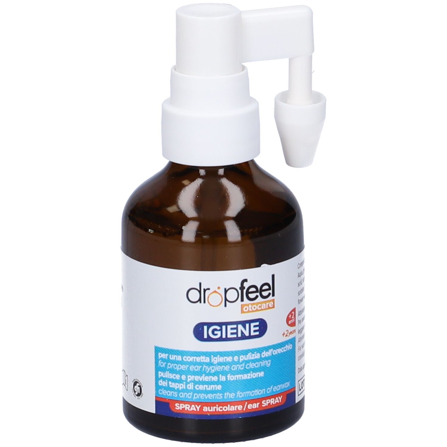 Flacone marrone con erogatore e applicatore bianchi. Scritta: Dropfeel Igiene, spray auricolare.