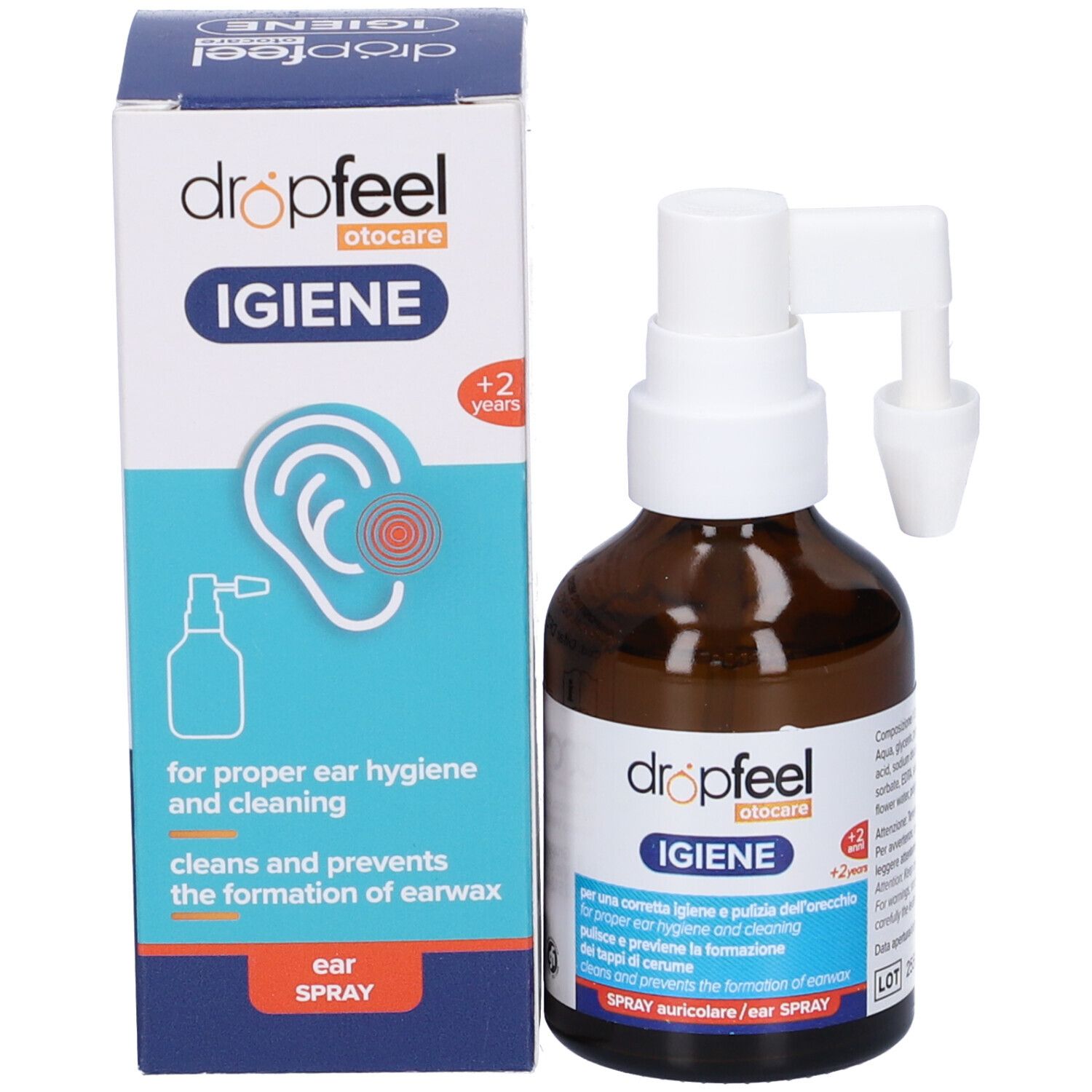 Flacone marrone con erogatore e applicatore bianchi accanto a una scatola. Scritta: Dropfeel Igiene, spray auricolare.