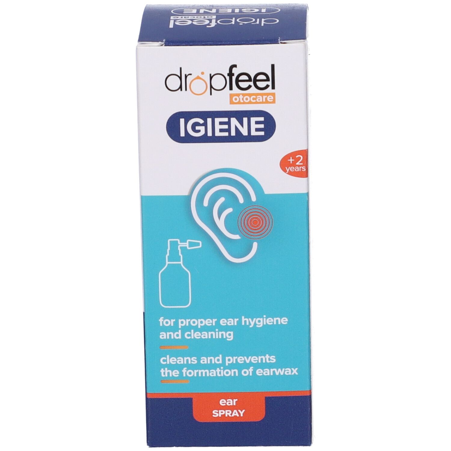 Scatola di spray auricolare Dropfeel Igiene. Illustrazione di un orecchio e dello spray.