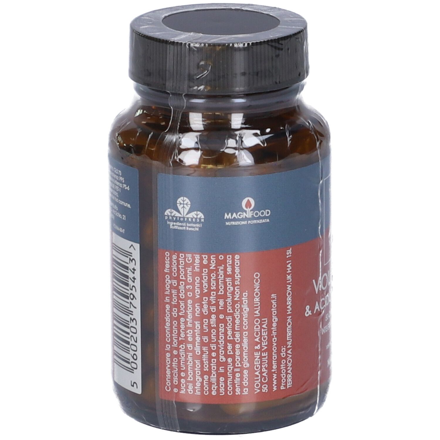 Retro del flacone. Etichetta con testo in italiano. Marchio Magnifood. Informazioni sull'uso e sugli ingredienti.