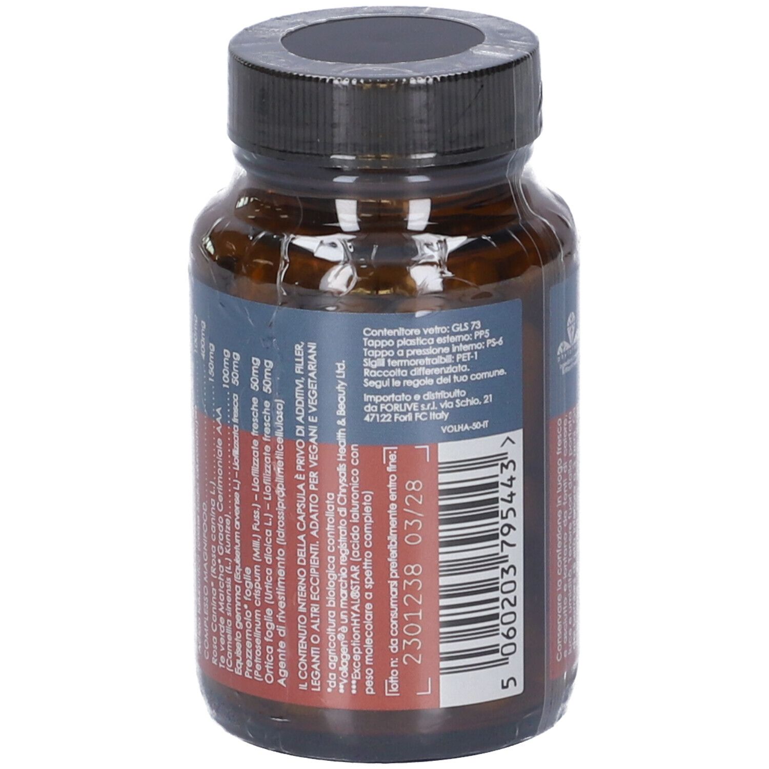 Retro del flacone. Etichetta con testo in italiano. Marchio Magnifood. Informazioni sugli ingredienti e la scadenza.